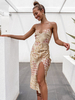 Robe Eté Mi-longue Femme avec Bretelles à Col Décolleté en V Coupe Cintrée avec Fente Bicolores
