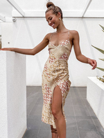 Robe Eté Mi-longue Femme avec Bretelles à Col Décolleté en V Coupe Cintrée avec Fente Bicolores