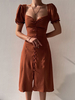Robe Eté Mi-longue Femme avec Manches Courtes Amples Coupe Cintrée avec Fente Unicolore