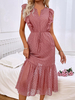 Robe Eté Mi-longue Femme avec Manches Courtes Volantes Coupe Cintrée à Lacets Bas Evasée Unicolore