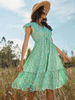 Robe Eté Mi-longue Femme Imprimé avec Manches Courtes Volantes Coupe Cintrée à Lacets Bas Evasée Bicolores