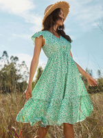 Robe Eté Mi-longue Femme Imprimé avec Manches Courtes Volantes Coupe Cintrée à Lacets Bas Evasée Bicolores