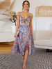 Robe Eté Mi-longue Imprimé avec Bretelles à Col Décolleté à Lacets Coupe Cintrée avec Fente Robe Maxi