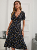 Robe Eté Mi-longue Imprimé Femme à Col Décolleté en V Coupe Cintrée avec Manches Courtes Coupe Cintrée Bas Evasée