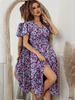 Robe Eté Mi-longue Imprimé Fleurie à Col V avec Manches Courtes Coupe Cintrée avec Fente