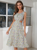Robe Eté Mi-longue Imprimé Fleurie Femme acec Bretelles à Col Rond Coupe Cintrée Bas Evasée