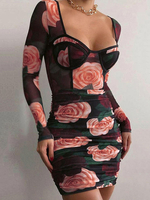 Robe Eté Moulante en Mousselines Imprimé Fleurie à Col Décolleté en V avec Manches Longues Coupe Cintrée Bicolores Robe Sexy