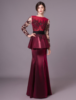Robe exquise de soirée bordeaux sirène col rond avec perles longueur plancher Milanoo