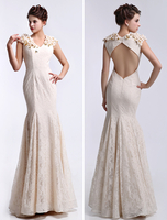 Robe exquise de soirée champagne sirène en dentelle avec perles col V longueur plancher Milanoo
