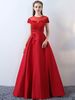 Robe fascinante de soirée A-ligne Tissu de satin bordeaux avec fleur col rond longueur plancher