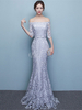 Robe fascinante de soirée sirène en dentelle argent avec ceinture hors de l