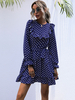 Robe Femme à Col Rond Ceinturé à Lacets Courte avec Manches Longues Imprimé à Pois Bas Evasée Finitions à volants Robe Femme