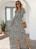 Robe Femme à Col V Coupe Cintrée à Lacets Elastique Longue avec Manches Longues Lanterne Bas Evasée Imprimé Léopard Noir Robe Femme