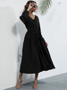 Robe Femme à Col V Coupe Cintrée à Lacets Longue avec Manches Longues Bas Evasée Unicolore Noir Robe Femme