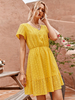 Robe Femme à Col V Coupe Cintrée Courte avec Manches Courte Bas Evasée Unicolore Creusant Robe D