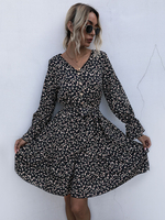 Robe Femme à Col V Coupe Cintrée Courte avec Manches Longues Volants Imprimé Les Fleurs Bas Evasée Robe Femme