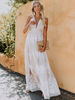 Robe Femme à Col V en Dentelles Coupe Cintrée à Lacets Longue Sans Manches Bas Evasée Unicolore Blanche Robe Femme