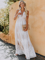 Robe Femme à Col V en Dentelles Coupe Cintrée à Lacets Longue Sans Manches Bas Evasée Unicolore Blanche Robe Femme