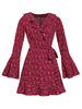 Robe Femme à Col V en Volant Coupe Cintrée à Lacets Court avec Manches Longues Volants Bas Evasée Imprimé les Fleurs Rouge Foncé Robe Femme