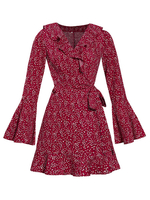 Robe Femme à Col V en Volant Coupe Cintrée à Lacets Court avec Manches Longues Volants Bas Evasée Imprimé les Fleurs Rouge Foncé Robe Femme
