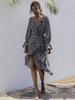 Robe Femme à Col V Mi-long Coupe Cintrée avec Manches Longues Volants Imprimé Bas Evasée Fente Latérale Robe Femme