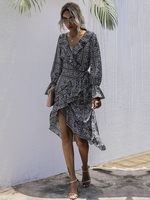 Robe Femme à Col V Mi-long Coupe Cintrée avec Manches Longues Volants Imprimé Bas Evasée Fente Latérale Robe Femme