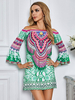 Robe Femme avec Epaules Nus Courte avec Manches Longues Volants Bas Evasée Imprimé Les Fleurs Robe Femme
