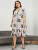 Robe Femme Grande Taille Mi-longue Femme à Col V Coupe Cintrée avec Manches Mi-longues Robe Grande Taille