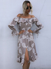 Robe Femme Mi-long Coupe Cintrée Courte avec Manches Longues Volants Imprimé Les Fleurs Bas Evasée Fermeture avec Les Boutons avec Epaules Nus Robe Femme