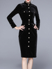 Robe Femme Mi-longue en Velours avec Manches Longues à Col Montant avec Boutons Unicolore Robe Velours