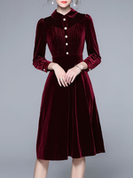 Robe Femme Mi-longue en Velours avec Manches Longues à Col Revers Coupe Cintrée Bas Evasée Robe Velours