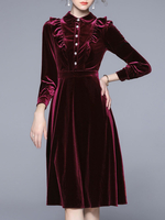 Robe Femme Mi-longue en Velours avec Manches Longues à Col Revers Coupe Cintrée Bas Evasée Robe Velours