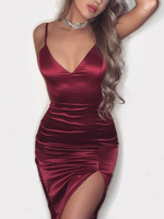 Robe Femme Moulante Décolleté en V Fermeture à Zip à Dos Nus Unicolore Fente Latérale Sexy Robe Femme