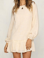 Robe Femme Unicolore en Cotons avec Les Manches Longues à Col Rond avec Volants Robe Femme