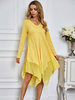 Robe Femmes au Genou à Col V avec Manches Longues Bas Evasées Cousu avec Dentelles Unicolore Robe Femme