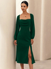 Robe fendue sexy col carré à lacets dos nu fête danniversaire robes mi-longues de bal