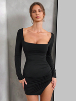 Robe fendue sur le côté en noir avec détail nœud manches longues bloc de couleurs mini robe moulante sexy pour femme 2025