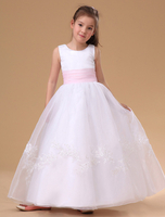 Robe Fille 2021 Blanche Fleur Dentelle Applique Enfant Robe De Soiré Rose Pâle Robe Ceinture Plissée Sans Mache Princesse Longeur Sur Le Sol Robe De Fête