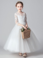 Robe fille de fleur blanche col rond demi-manche en dentelle jupe en tulle à la cheville robe cortège enfant