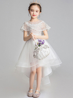 Robe fille de fleur blanche en tulle col rond asymétrique robe cortège enfant