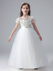 Robe fille de fleur blanche en tulle col rond manche courte zip sur dos à la cheville robe cortège enfant