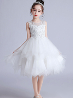 Robe fille de fleur blanche en tulle col rond zip sur dos avec noeud jupe plissée robe de cortège enfant