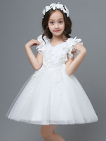 Robe fille de fleur blanche en tulle col V décoré des fleur longueur au genou robe cortège enfant