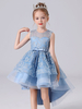 Robe fille de fleur bleu en tulle asymétrique décoré de noeud zip sur dos robe cortège enfant