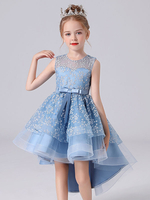 Robe fille de fleur bleu en tulle asymétrique décoré de noeud zip sur dos robe cortège enfant