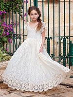 Robe fille de fleur bohémienne ivoire en dentelle noeud sur dos robe cortège enfant