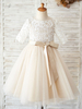 Robe fille de fleur champagne col rond manche courte en dentelle décoré de noeud jupe en tulle bouton sur dos robe cortège enfant
