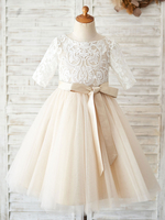 Robe fille de fleur champagne col rond manche courte en dentelle décoré de noeud jupe en tulle bouton sur dos robe cortège enfant