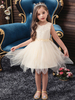 Robe fille de fleur champagne en tulle col rond décoré des perles robe fille cérémonie