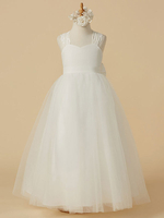 Robe fille de fleur col carré noeud sur dos jupe en tulle Robe cortège enfant